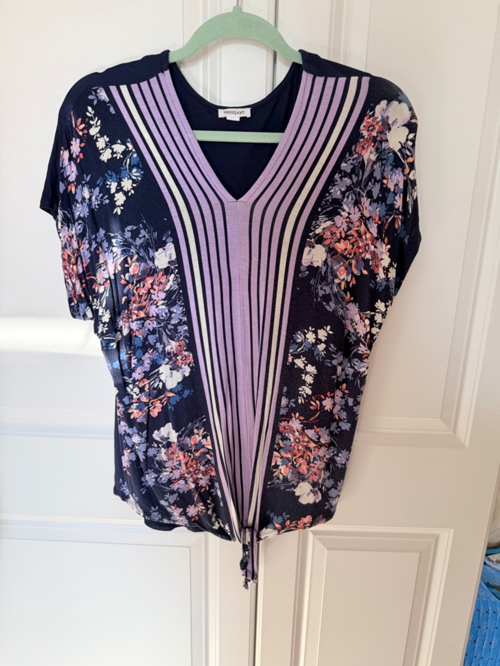 Westport Navy Floral V-Neck Tie-Hem Top with Lavender Panel